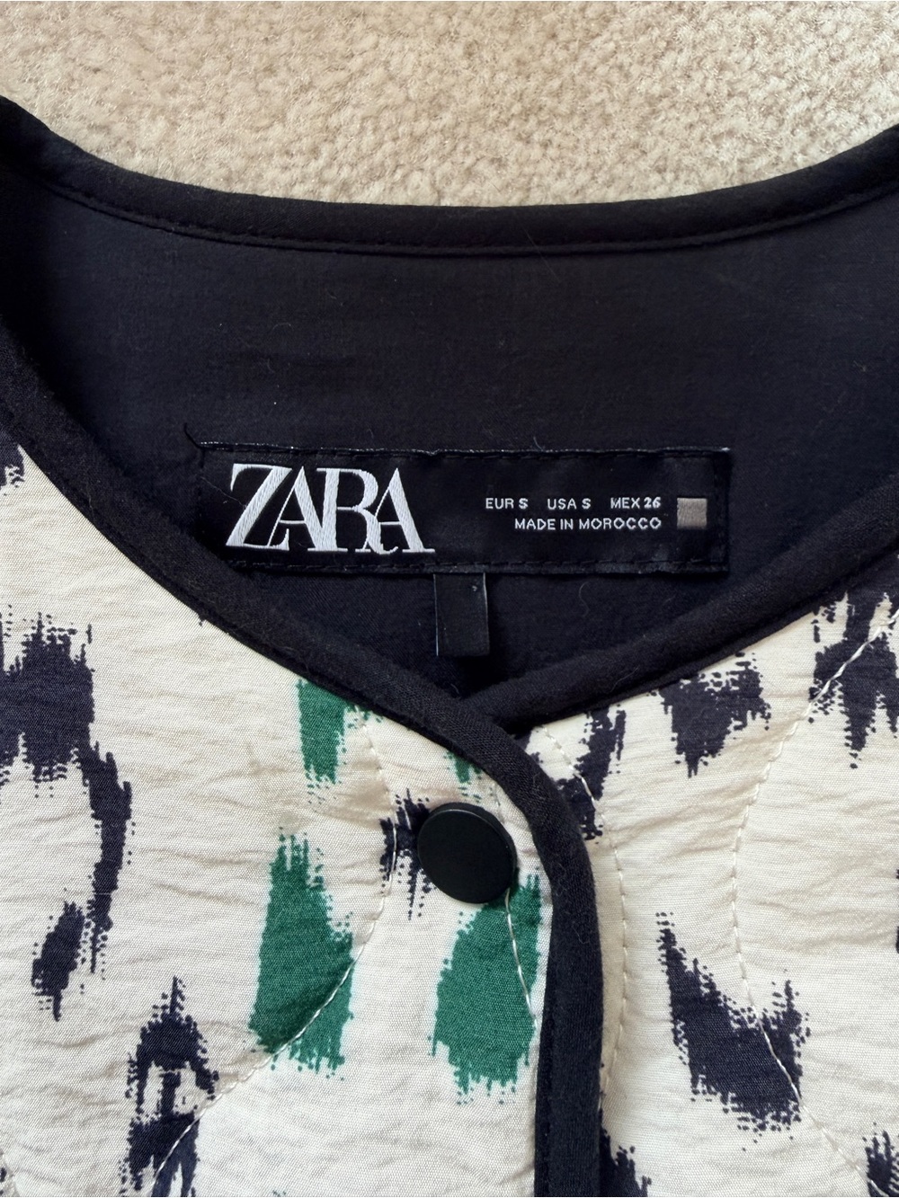 Zara Printed Quilted Jacket Cream Green Navy Contrast Trim Women’s Size S - Picture 4 of 6